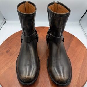 Frye Women Phillip Harness Short Leather Boots Size 10B Dark Brown Back Zip Moto